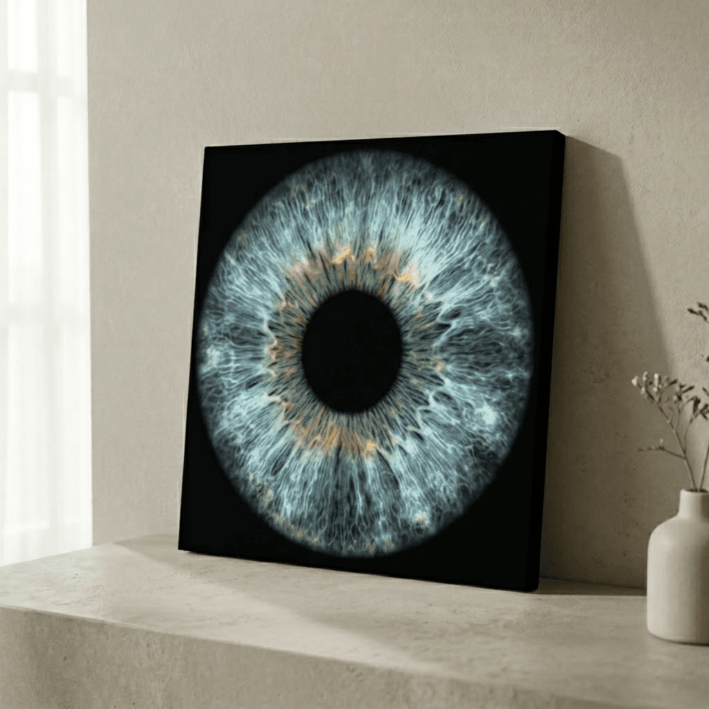 A 40 by 40 centimetre canvas print of a teal and gold iris on a shelf