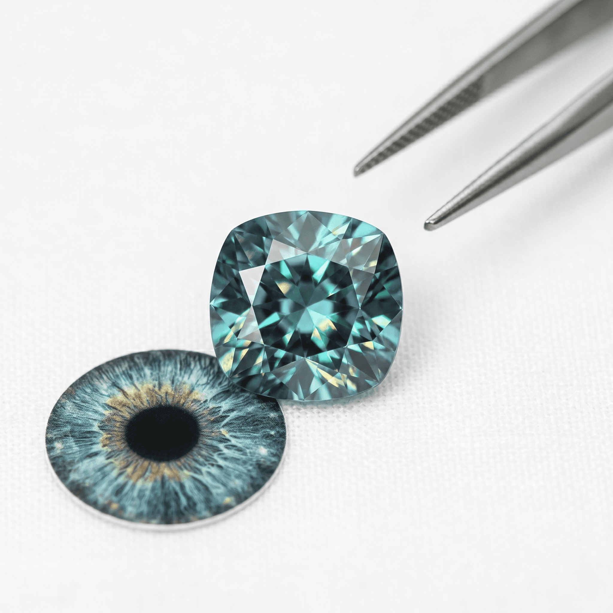 A teal cushion-cut gemstone beside a printed swatch of a matching iris